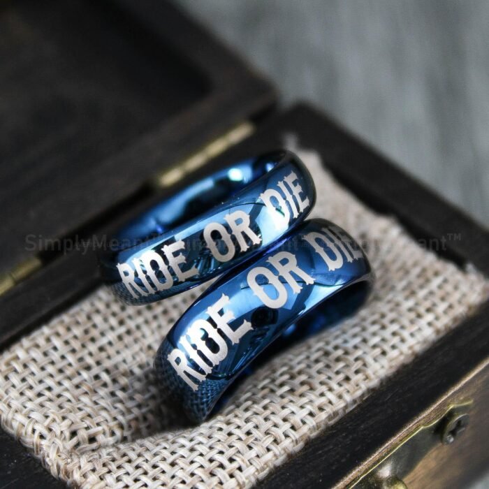 Ride or Die Rings, Blue Wedding Bands, Couple Ring Set, Matching Couple Rings - Image 6