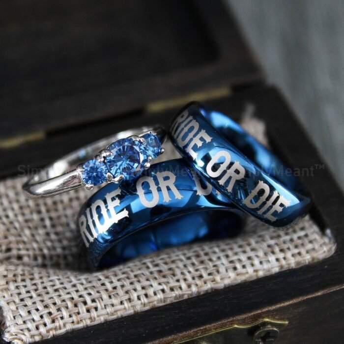 Ride or Die Rings, Blue Wedding Bands, Couple Ring Set, Matching Couple Rings - Image 1