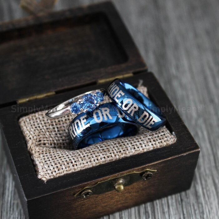 Ride or Die Rings, Blue Wedding Bands, Couple Ring Set, Matching Couple Rings - Image 3