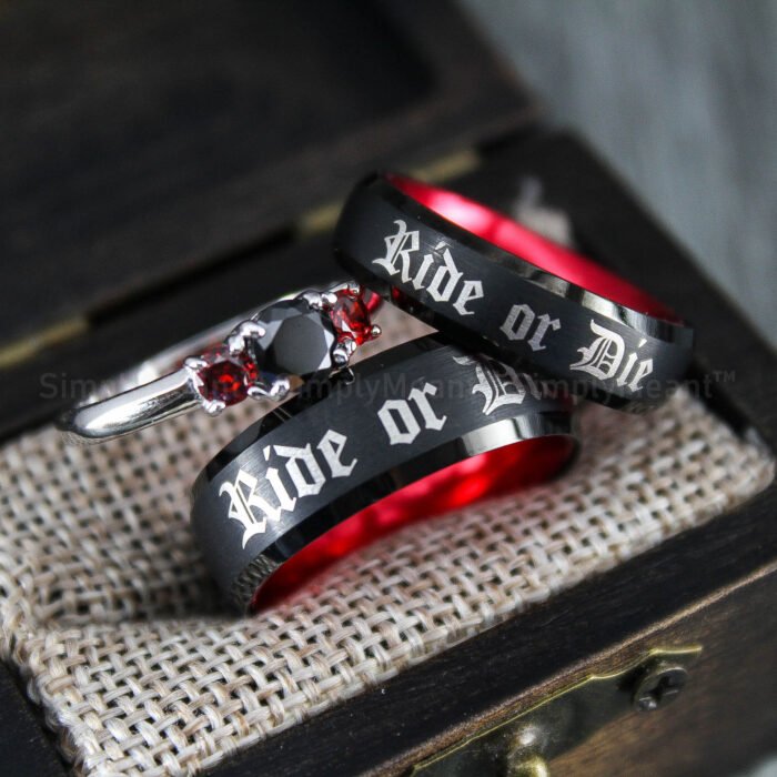 Ride or Die Rings, Black Wedding Bands, Couple Ring Set, Matching Couple Rings - Image 1