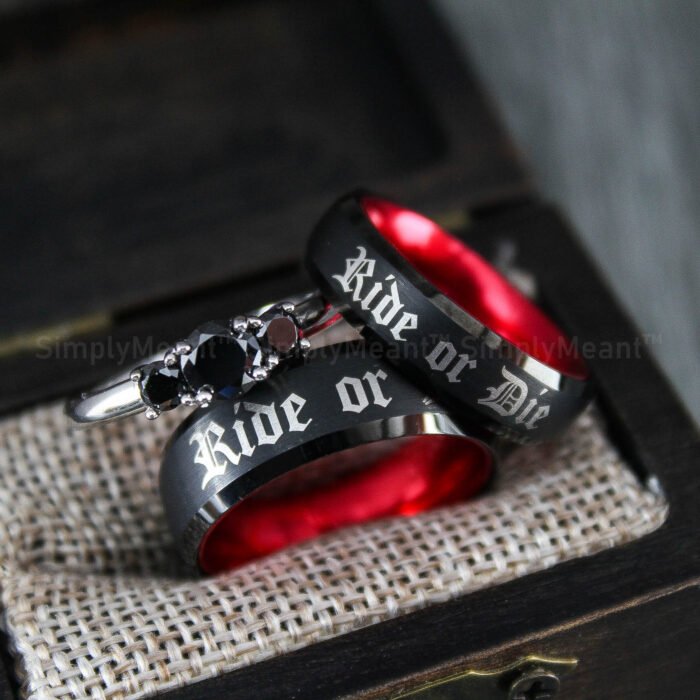 Ride or Die Rings, Black Wedding Bands, Couple Ring Set, Matching Couple Rings - Image 1