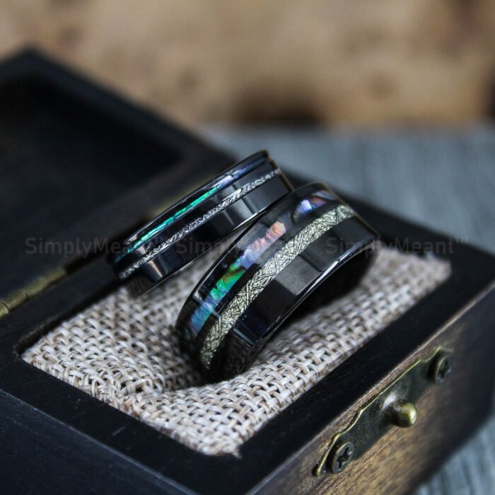 Abalone Shell Rings, Meteorite Rings, Couple Rings, Matching Wedding Rings - Image 4