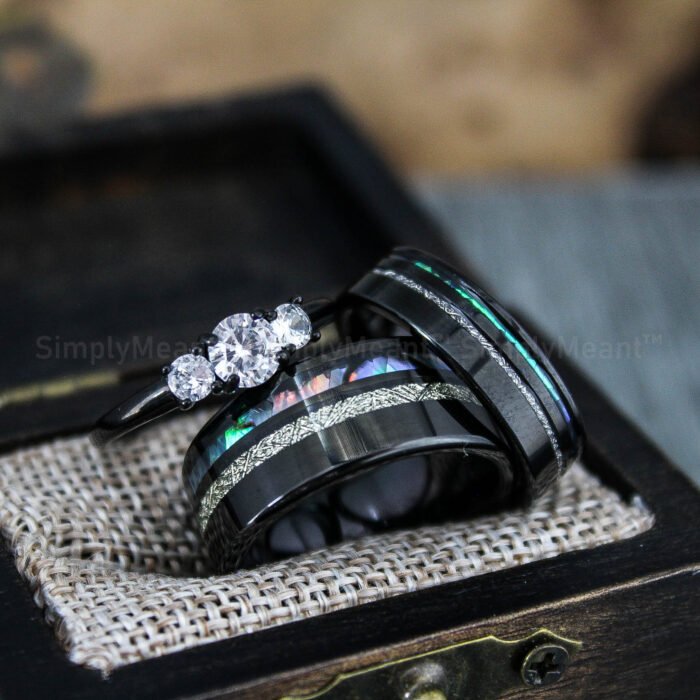 Abalone Shell Rings, Meteorite Rings, Couple Rings, Matching Wedding Rings - Image 1