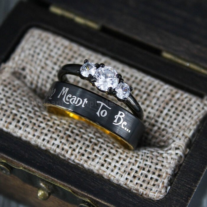 Simply Meant To Be Rings, Simply Meant To Be Bridal Wedding Set, Black Wedding Band - Image 1