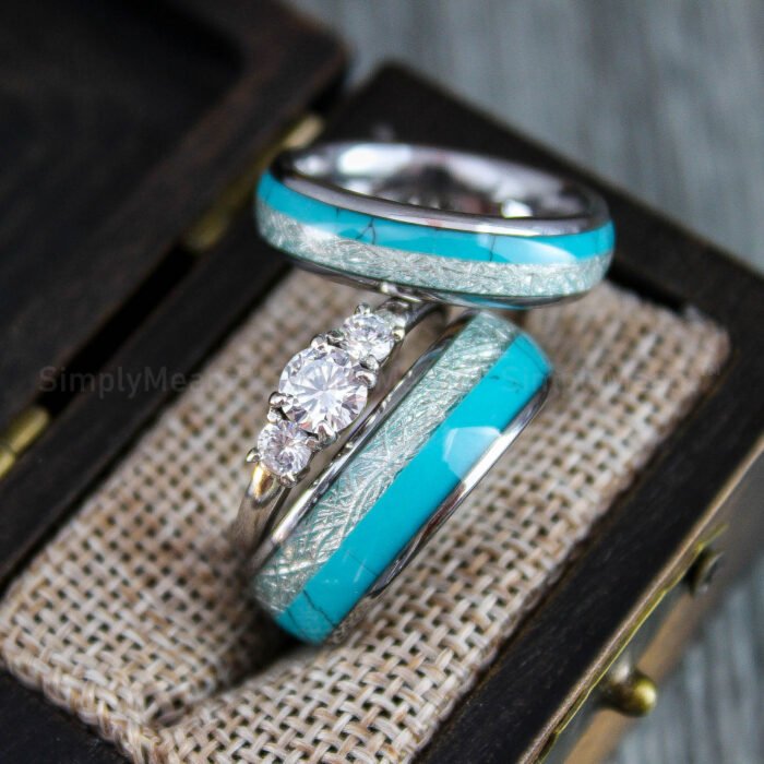 Turquoise Rings, Turquoise Wedding Bands, Silver Tungsten Bands with Meteorite and Turquoise Inlay - Image 1
