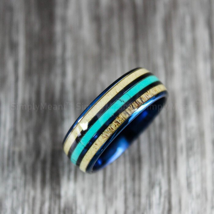 Turquoise Ring, Deer Antler Wedding Band, Blue Tungsten Bands with Deer Antler and Turquoise Inlay - Image 1