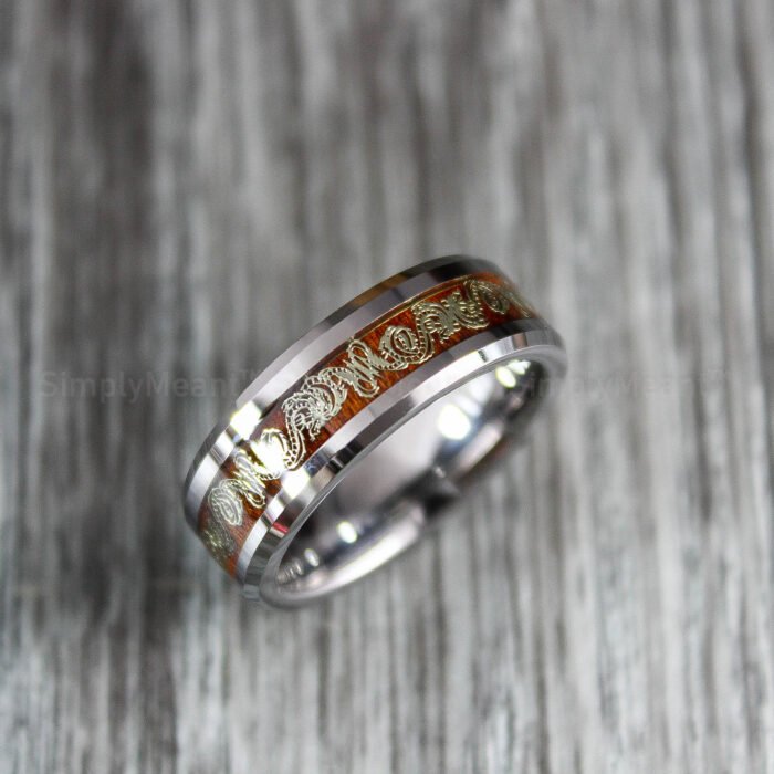 Wood Ring, Dragon Scroll Ring, Wood Wedding Band, Dragon Jewelry - Image 1