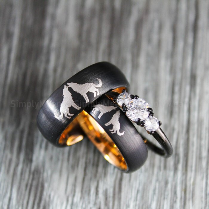 Wolves Rings, Howling Wolves Wedding Bands, Matching Couple Rings - Image 1