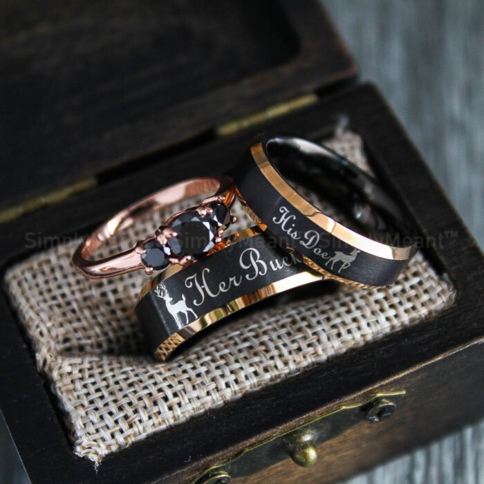 Her Buck His Doe Rings, Buck and Doe Rings, Buck and Doe Wedding Bands, Black Wedding Rings, Couple Rings - Image 1