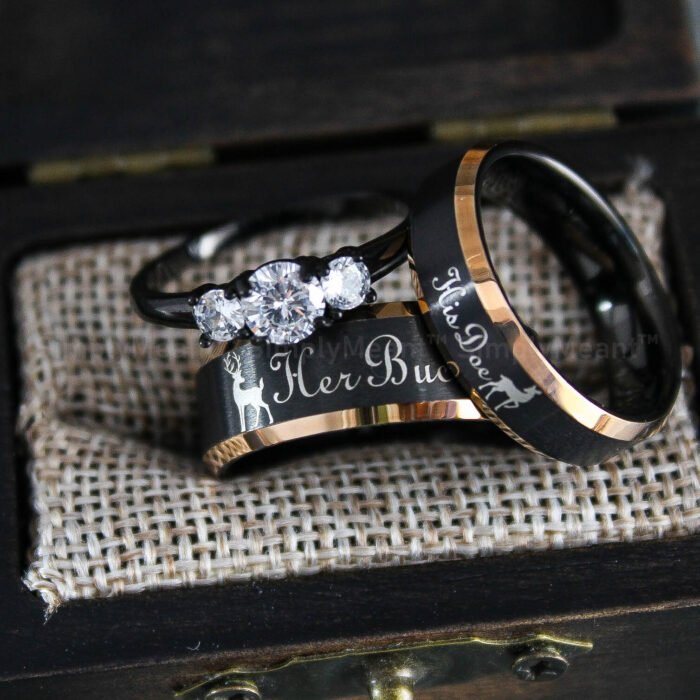 Her Buck His Doe Rings, Buck and Doe Rings, Buck and Doe Wedding Bands, Black Wedding Rings, Couple Rings - Image 1