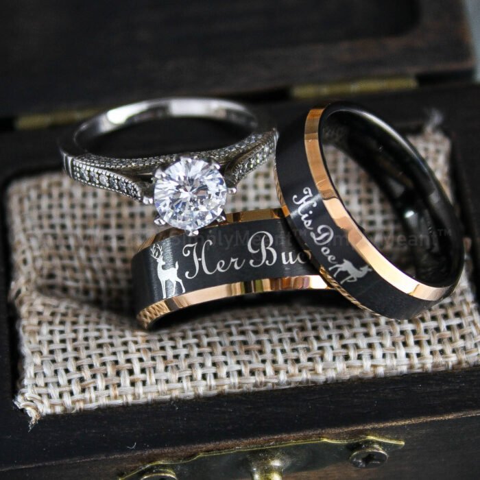 Her Buck His Doe Rings, Buck and Doe Rings, Buck and Doe Wedding Bands, Black Wedding Rings, Couple Rings - Image 1