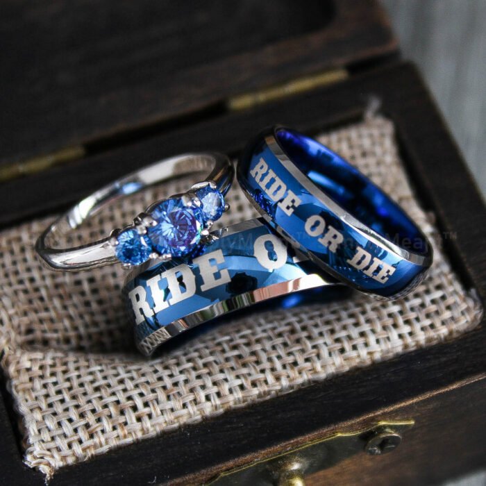 Ride or Die Rings, Blue Wedding Bands, Couple Ring Set, Matching Couple Rings - Image 1