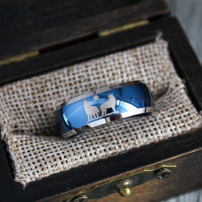 Wolves Rings, Howling Wolves Wedding Bands, Wolf Jewelry, Blue Wedding Bands - Image 3