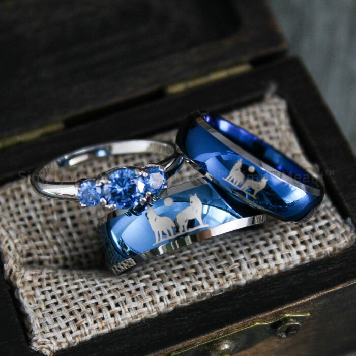 Wolves Rings, Howling Wolves Wedding Bands, Wolf Jewelry, Blue Wedding Bands - Image 1