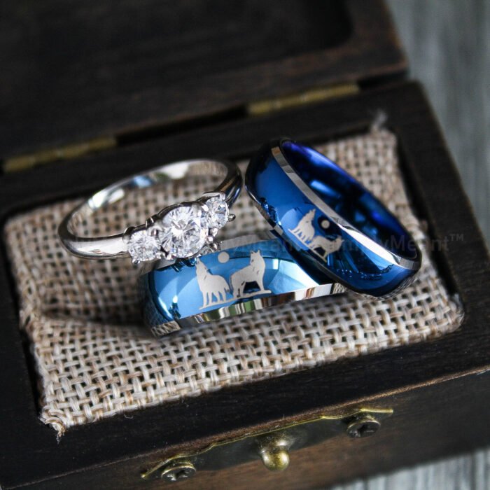 Wolves Rings, Howling Wolves Wedding Bands, Wolf Jewelry, Blue Wedding Bands - Image 1