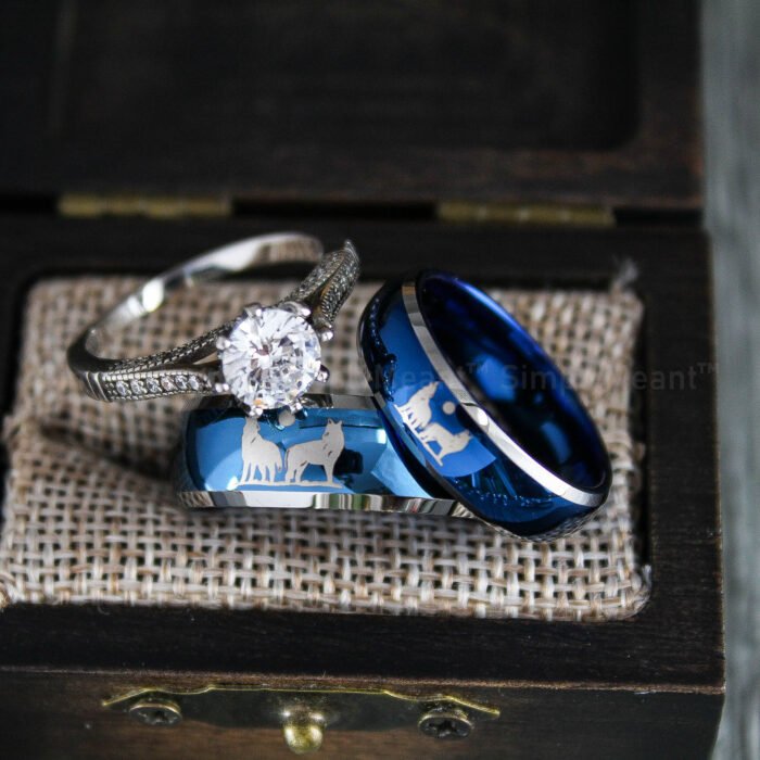 Wolves Rings, Howling Wolves Wedding Bands, Wolf Jewelry, Blue Wedding Bands - Image 1