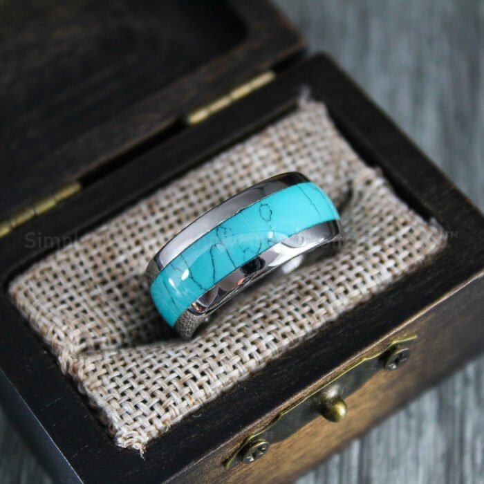 Turquoise Ring, Turquoise Wedding Band, Silver Tungsten Band with Turquoise Inlay - Image 1