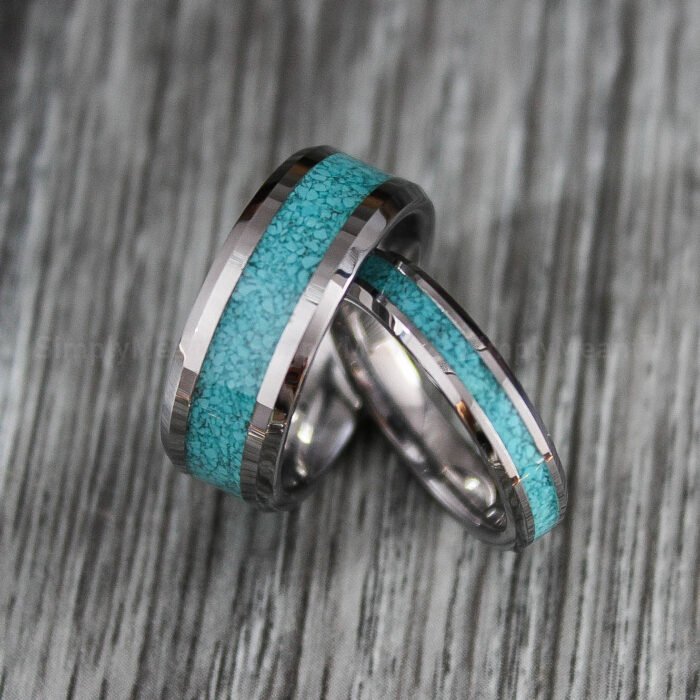 Turquoise Rings, Couple Turquoise Wedding Bands, Silver Tungsten Bands with Turquoise Inlay - Image 1