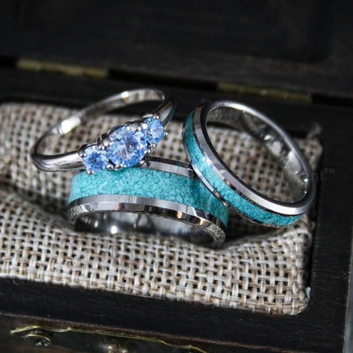 Turquoise Rings, Couple Turquoise Wedding Bands, Silver Tungsten Bands with Turquoise Inlay - Image 1