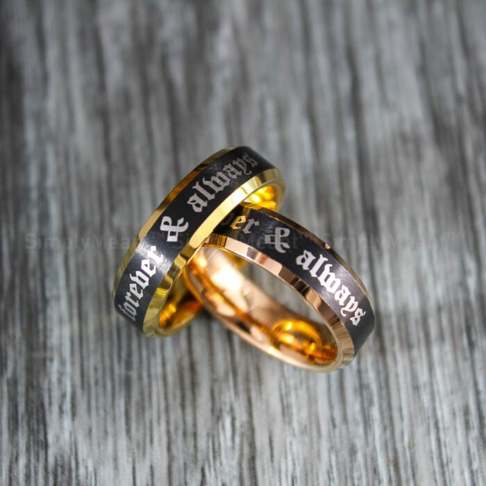 Forever and Always Rings, Black Wedding Bands, Couple Ring Set, Matching Couple Rings - Image 1