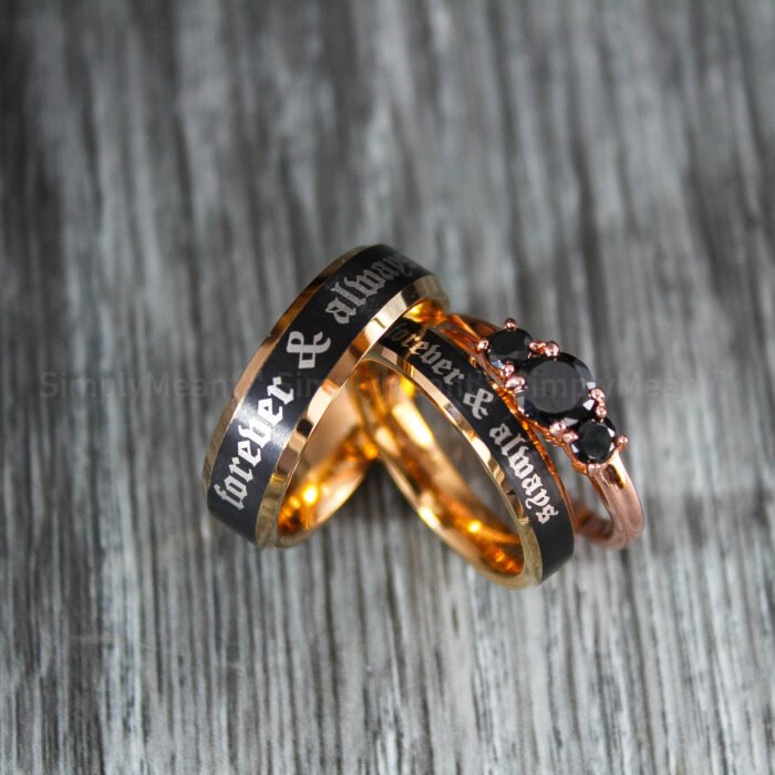 Forever and Always Rings, Black Wedding Bands, Couple Ring Set, Matching Couple Rings - Image 1