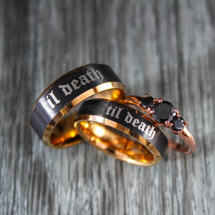 Til Death Rings, Black Wedding Bands, Couple Ring Set, Matching Couple Rings - Image 1