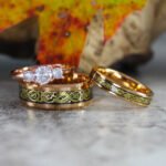 Rose Gold Wedding Rings, Rose Gold Tungsten Bands with Black Center Carbon Fiber Dragon Inlay Pattern, Rose Gold Tungsten Wedding Rings