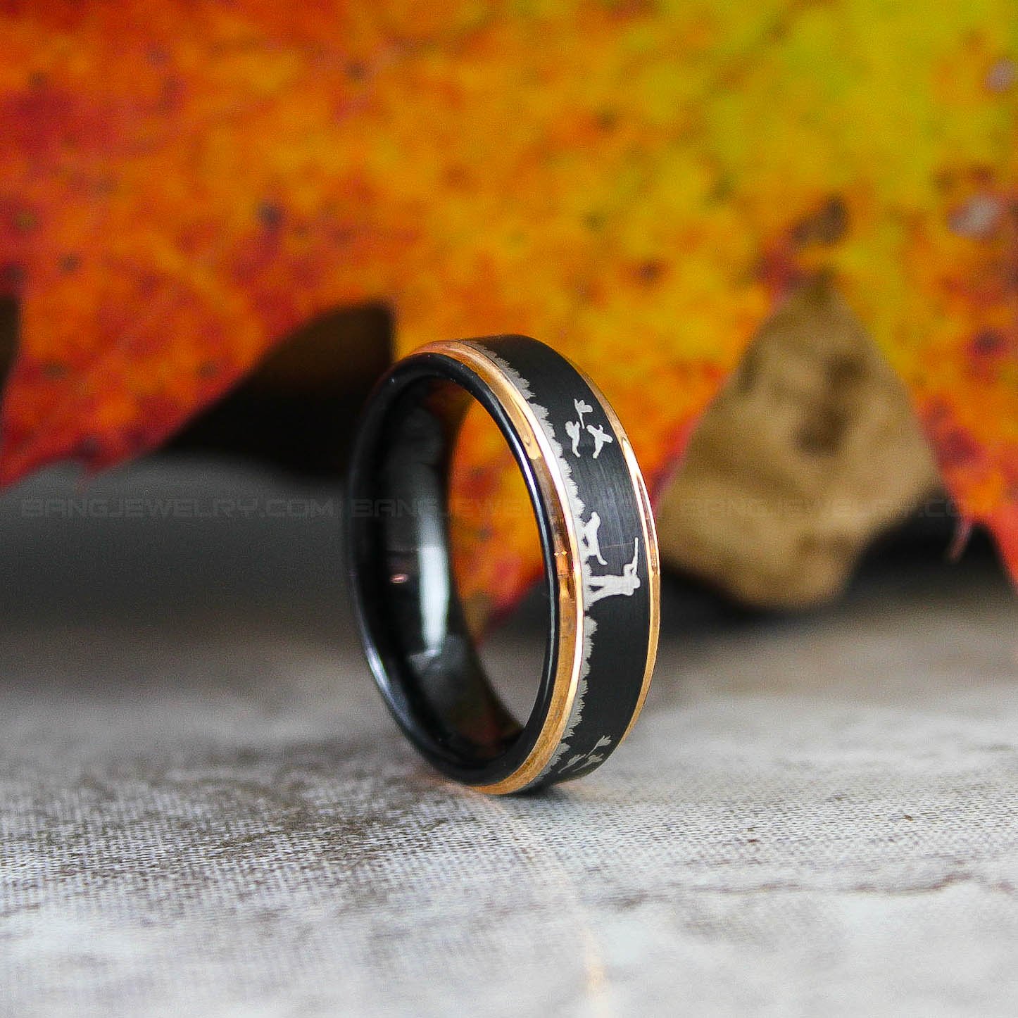 IMG_2938 Geese Hunting Ring, Duck Hunting Ring, 8mm Tungsten Band Hunting Ring, Duck Wedding Ring, Hunting Scene Laser Engraved, Black Tungsten Ring - Image 1