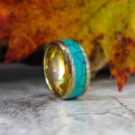 Turquoise Ring, Turquoise Wedding Band, Yellow Gold Tungsten Band with Turquoise Inlay Damascus Steel Pattern