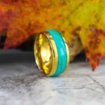 Turquoise Ring, Turquoise Wedding Band, Yellow Gold Tungsten Band with Turquoise Inlay