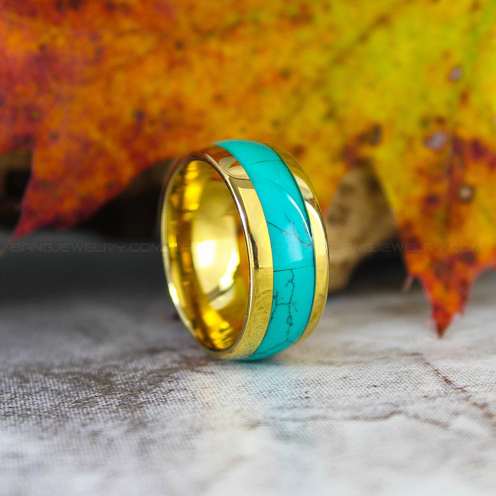 IMG_2968 Turquoise Ring, Turquoise Wedding Band, Yellow Gold Tungsten Band with Turquoise Inlay - Image 1