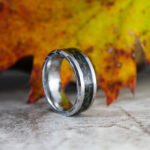 Silver Wedding Ring, Silver Tungsten Band with Black Center Carbon Inlay, Silver Tungsten Wedding Ring, Damascus Steel Pattern Ring