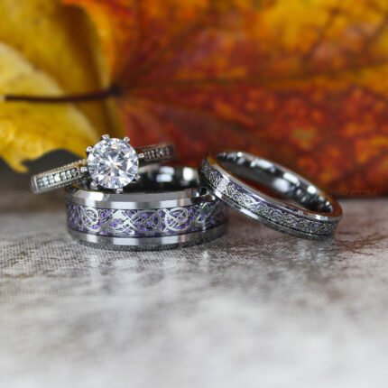 Silver Wedding Rings, Silver Tungsten Bands with Purple Center Carbon Fiber Dragon Inlay Pattern, Silver Tungsten Wedding Rings