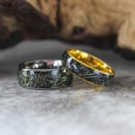 Meteorite Rings, Meteorite Wedding Bands, Couple Tungsten Bands with Meteorite Inlay