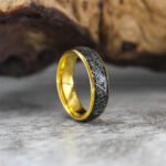 Meteorite Ring, Meteorite Wedding Band, Yellow Gold Tungsten Band with Meteorite Inlay