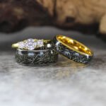 Meteorite Rings, Meteorite Wedding Bands, Couple Tungsten Bands with Meteorite Inlay
