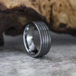 Tire Ring, Tire Tread Ring, 8mm Silver Tungsten Band with Flat Edge Truck Tire Tread Ring, Tire Tread Pattern Ring, Silver Wedding Ring