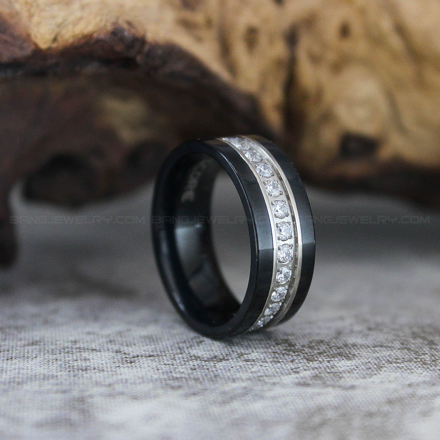 IMG_3368 Black Wedding Ring, 8mm Black Tungsten Band with AAAAA Cubic Zirconia Center Stones All Around The Ring, Black Wedding Band - Image 1